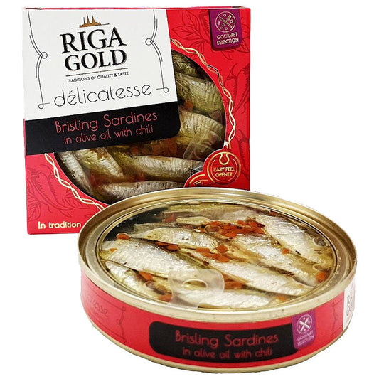 RIGA GOLD -Clear Top- Brisling Sardines in Olive Oil /w Chili (Gourmet) 120g